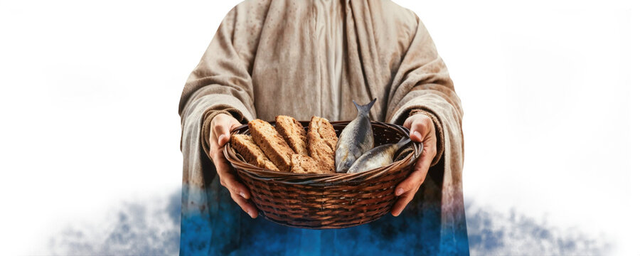 The Miracle of Jesus: Feeding 5,000 with 5 Loaves and 2 Fish - Isolated PNG Background