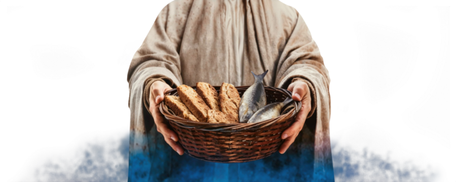 The Miracle of Jesus: Feeding 5,000 with 5 Loaves and 2 Fish - Isolated PNG Background