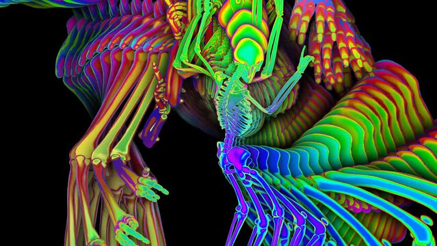 Seamless animation dancing skeleton rainbow style cartoon. Funny halloween background with marker stroke effect with an echo effect.