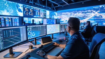 A control room the system manager holds a briefing for his employees, several screens showing maps of logistics information