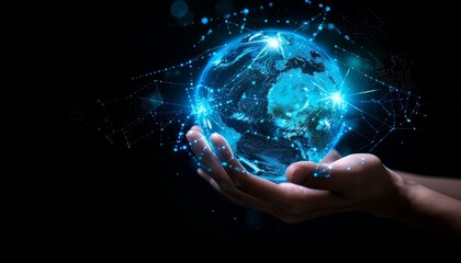 A hand is holding a blue globe with a network of lines surrounding it by AI generated image