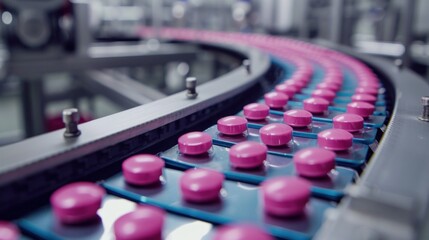 A Pink Pills During Production and Packing Process on Modern Pharmaceutical Factory.