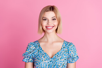 Photo of pretty young girl beaming smile good mood wear top isolated on pink color background