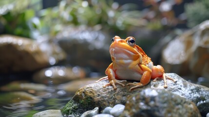 Obraz premium Curious Goldfish Meeting a Friendly Frog in Vibrant Pond Scene