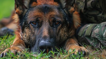 Majestic German Shepherd Resting Serenely on Lush Green Grass