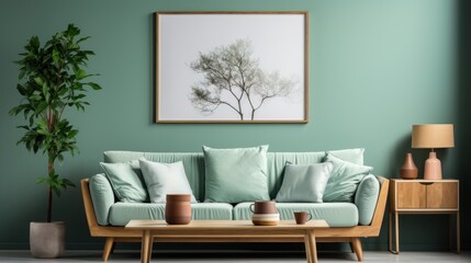 Stylish and serene living room interior featuring a framed tree art piece above a pastel green sofa
