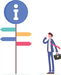 guiding concept. instructions and information. user tips and help. instruction manual and customer service. guide to help customers. a man looks at a signboard. illustration concept design

