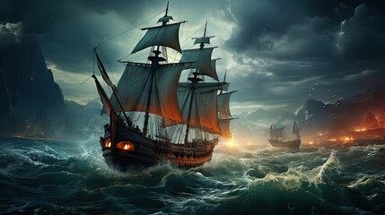 Obraz premium Digital artwork depicting a grand sailing ship navigating through tumultuous ocean waves in a stormy, dramatic setting