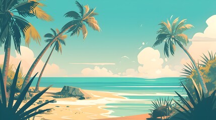 Palm-fringed beach under clear blue skies