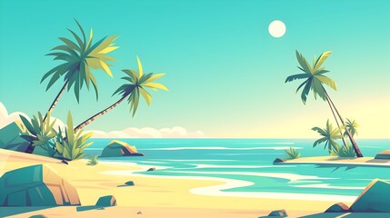 Palm-fringed beach under clear blue skies
