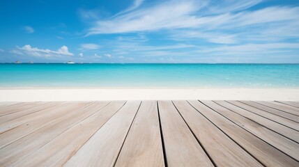 Fototapeta premium Tranquil Beachfront Scene with Clear Blue Ocean, Sky, and Wooden Deck