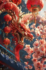 Obraz premium Dragon and Cherry Blossoms