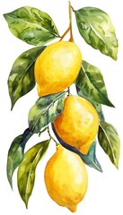 A watercolor painting of a lemon branch with lemons and leaves. The lemons are yellow and the leaves are green. The painting has a fresh and summery feel.