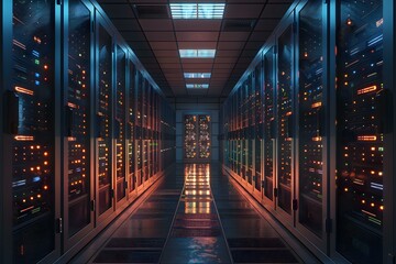 Obraz premium Server room with rows of server racks containing multiple server blades