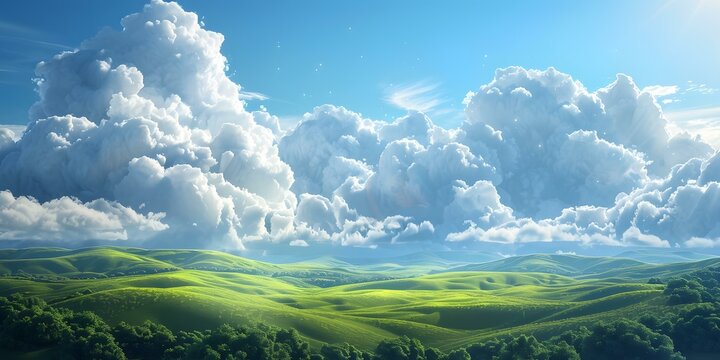 Green rolling hills under a blue sky with white clouds