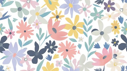 Fototapeta premium Flower wallpaper flat design top view botanical theme cartoon drawing colored pastel . Seamless Pattern, Fabric Pattern.