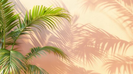 palm leaves and blurred shadow on the light pink wall, evoking spring and summer vibes. Tropical aesthetic, pastel colors, serene atmosphere