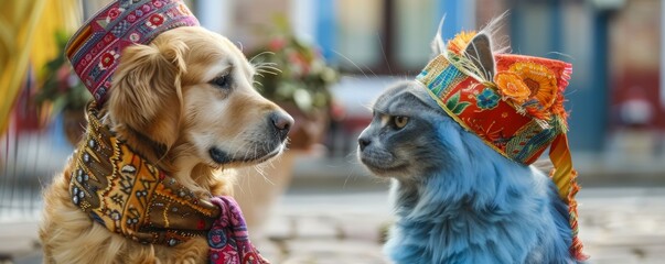 During a cultural festival celebrating global traditions a Golden retriever and blue Maine Coon wear outfits from different countries