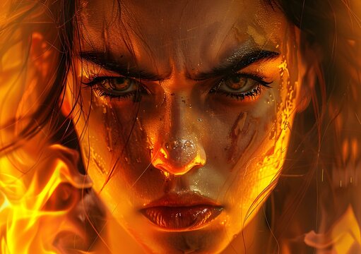A womans face is surrounded by flames