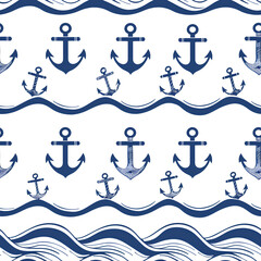 Blue Anchors and Waves Pattern, Nautical Design, Classic, Background