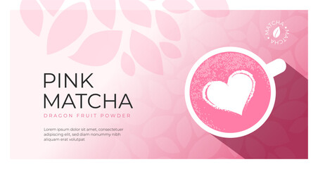 Layout template cup of pink matcha latte. Top view vector illustration of matcha tea, froth art, milk heart shape, dragon fruit powder, leaves. Natural organic drink. Design banner, poster, web page