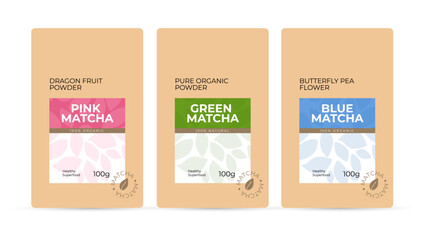 Labels set for matcha. Healthy vegan beverage branding, packaging. Design template of green, blue and pink color matcha tea. Japanese drink of pure organic powder, fruit and flower vector illustration