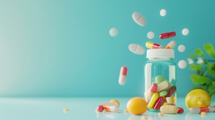 A colorful assortment of pills and fruit are scattered across a white background