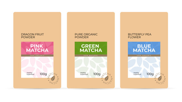 Labels set for matcha. Healthy vegan beverage branding, packaging. Design template of green, blue and pink color matcha tea. Japanese drink of pure organic powder, fruit and flower vector illustration