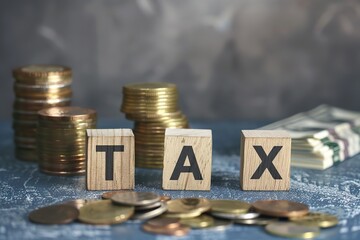 Tax season. Taxation. Word Tax on wooden blocks, calculator, coins stack. Paperwork, financial research, report. Calculation tax return. Personal banking. Finance. Planning budget. Calculating expense