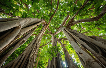 The view from the ground looking up at banyan trees with wide roots, green leaves and thick trunks. The perspective shows that you can see several tree trunks in close distance and their branches - Powered by Adobe