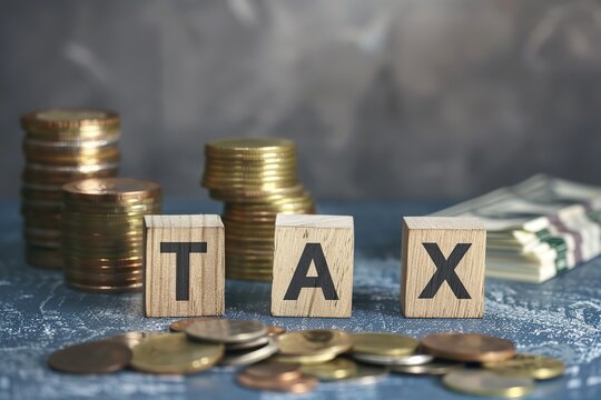 Tax season. Taxation. Word Tax on wooden blocks, calculator, coins stack. Paperwork, financial research, report. Calculation tax return. Personal banking. Finance. Planning budget. Calculating expense