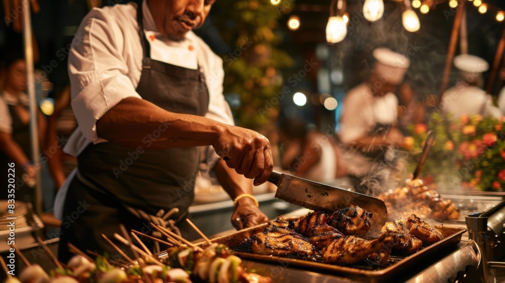 Wall mural a chef carving grilled chicken at a live cooking station, serving guests at a catered event. - Wall murals
