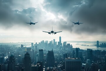 Commercial jet planes flying over vibrant urban cityscape with skyscrapers and busy streets - Powered by Adobe