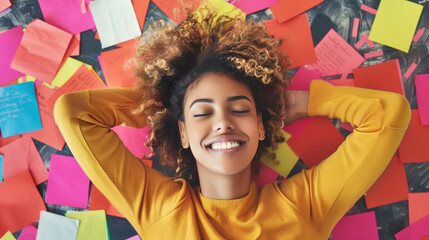 Business, office, creative relaxed african employee planning, with sticky notes for new ideas