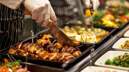 A chef carving grilled chicken at a live cooking station, serving guests at a catered event.
