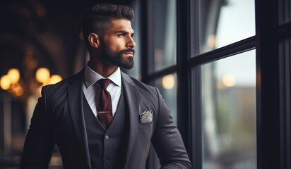 Stylish handsome successful man wearing business suit posing indoors looking out the window