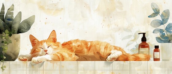 A serene cat receiving a fur treatment in a luxurious spa setting, with minimalist decor and a relaxing ambiance Watercolor, Warm tones, Flat shapes