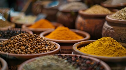 Display of spices and herbs from an oriental market, with the colors and textures taking center stage, evoking the exotic aromas and the bustling atmosphere of the market , ai generated