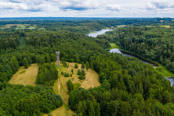 Naklejka premium Wooden observation tower in Paganamaa, Rouge Parish, Estonia, aerial view