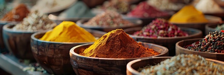 Display of spices and herbs from an oriental market, with the colors and textures taking center stage, evoking the exotic aromas and the bustling atmosphere of the market , ai generated