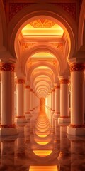 Symmetrical Perspective of an Empty Grand Hallway with Ornate Columns and Arches