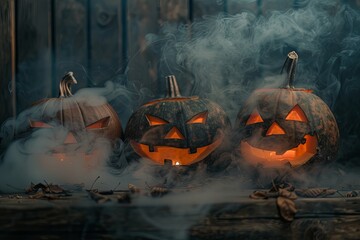 Three intricately carved pumpkins are neatly arranged on top of a table, showcasing festive Halloween decor