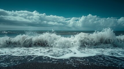 Fototapeta premium Dramatic waves crashing on a sandy beach under a cloudy sky