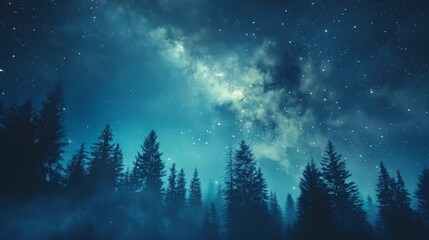 Naklejka premium Silhouetted pine trees stand tall against a stunning night sky filled with stars and the milky way.