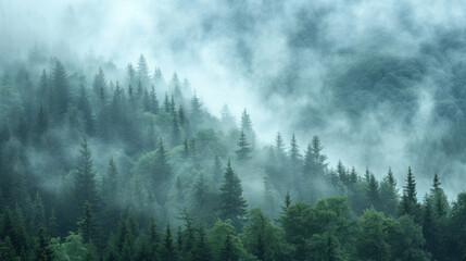 Hills covered with forest, dense fog, overcast, gloomy depressive weather