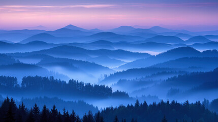 Obraz premium Blue sunset over hilly forest. Fog, overcast, gloomy weather