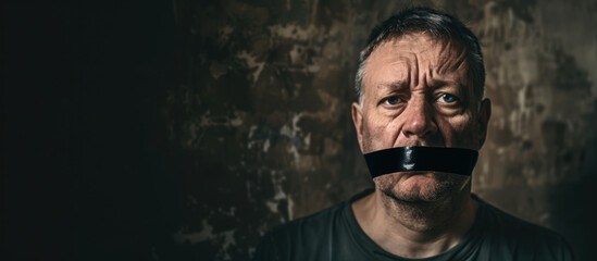 Man with his mouth sealed with adhesive tape, censorship concept