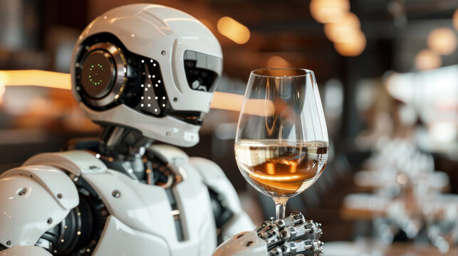Robot sniffing wine in restaurant, futuristic chemical analysis of drinks