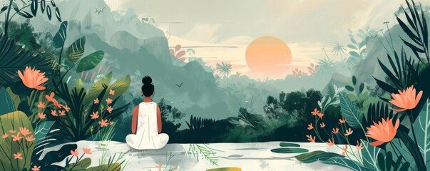 A tranquil wellness retreat nestled in nature, with people practicing holistic health routines amidst calming landscapes