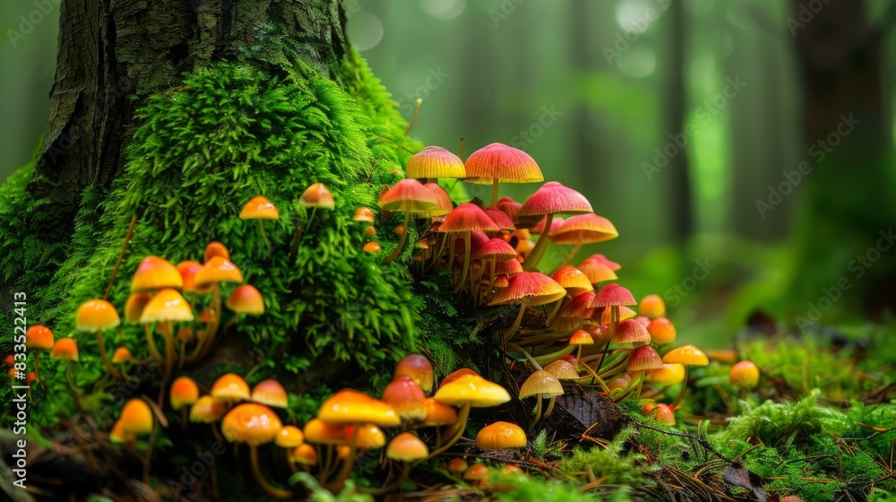 Aufkleber a cluster of colorful mushrooms sprouting from the base of a moss-covered tree in the woods.